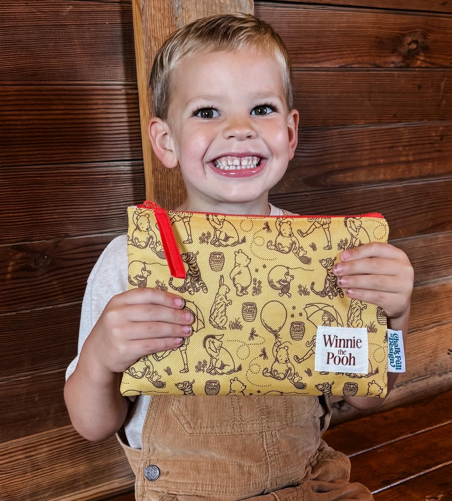 Child holding a Winnie the Pooh pouch against a wooden background